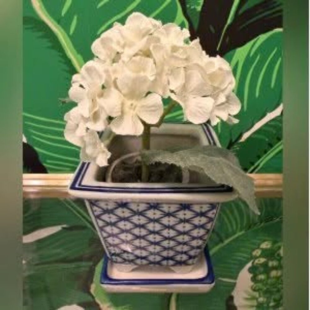 Society Social Faux White Hydrangea Blue White Ceramic Planter